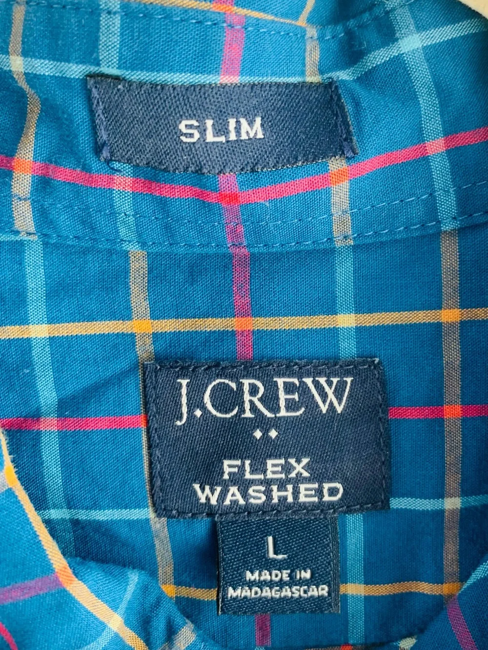 J. Crew Button Down Shirt Teal Aqua Check Plaid Cotton Office Casual EUC Slim L